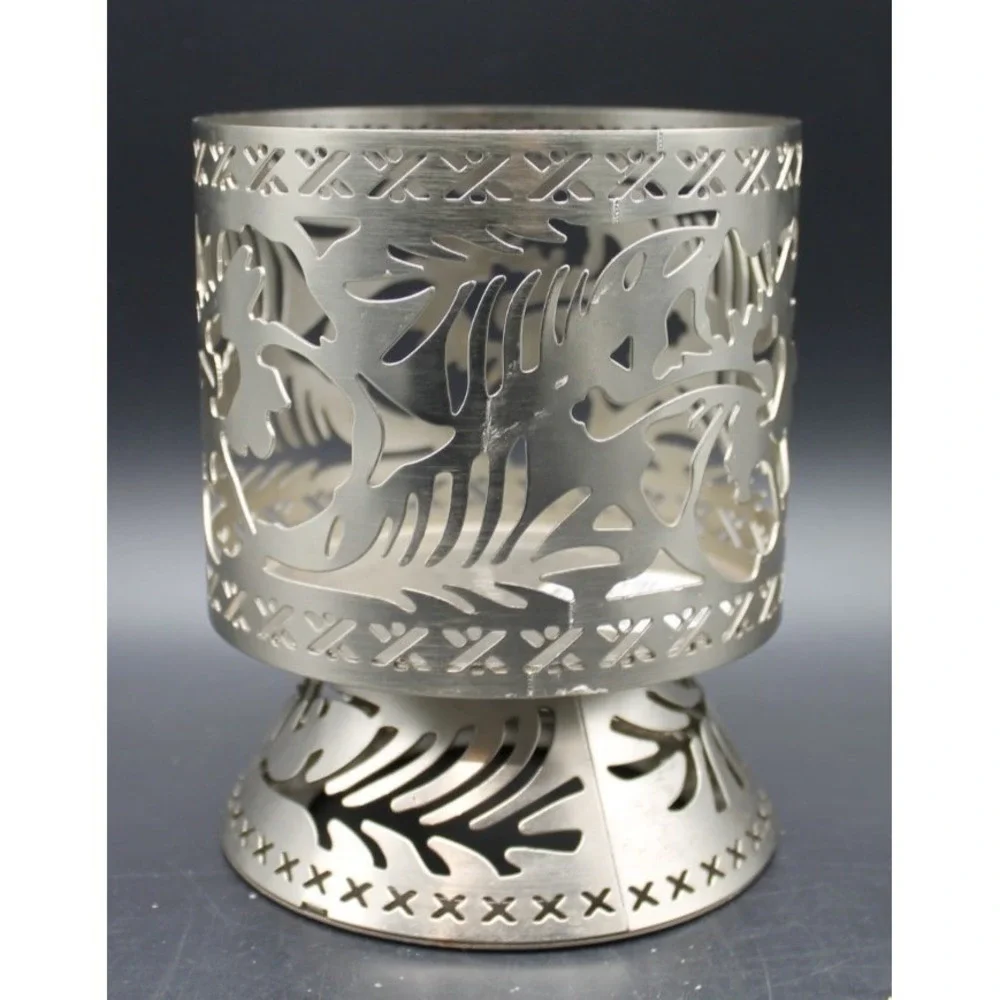 Bath & Body Works 3 Wick Candle Holder Pedestal Tropical Leaf Cutout Silver